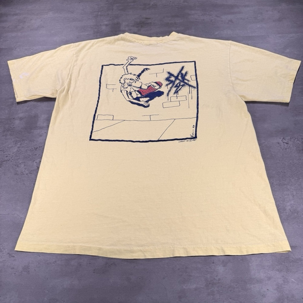 True Vintage 80s Skate T Shirt XL M Crop Fit Yellow Single Stitch Art Graphic 87